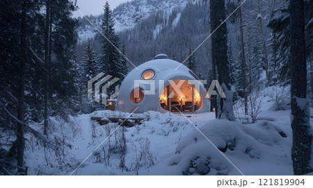 Futuristic igloo-shaped house illuminating snowy woods at dusk 121819904