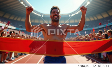 Determined Male Athlete Celebrates Victory at Finish Line 121819944