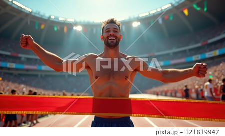 Determined Male Athlete Winning Race in Stadium Determined Male Athlete Winning Race in Stadium 121819947