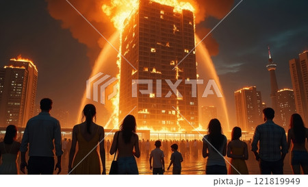 Nighttime Cityscape with Towering Inferno Scene 121819949