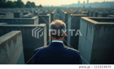 Businessman Contemplating Life in a Modern Maze Businessman Contemplating Life in a Modern Maze 121819970