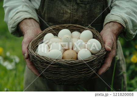 Farmer holding fresh organic eggs in wicker basket 121820008