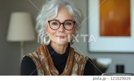 Elegant senior woman with glasses smiling in modern home interior 121820026