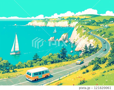 海岸沿いの道を進むバスと車 海岸沿いの道を進むバスと車 121820061