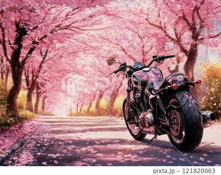 桜のトンネルを抜けるスタイリッシュなモーターサイクル 桜のトンネルを抜けるスタイリッシュなモーターサイクル 121820063