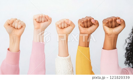 Fists raised in a display of unity and strength, highlighting the fight for women's rights and equality Fists raised in a display of unity and strength, highlighting the fight for women's rights and equality 121820339
