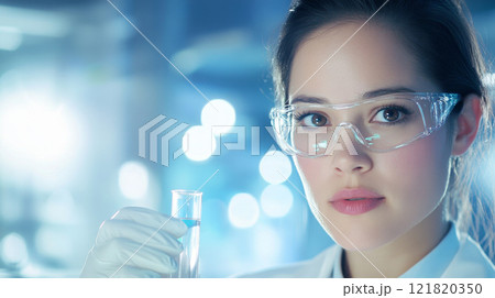 A confident female scientist holds a test tube, symbolizing empowerment and gender equality on Women's Day 121820350