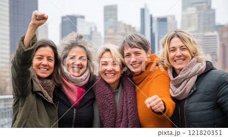 Women of diverse backgrounds pose confidently in an urban landscape, celebrating empowerment and gender equality 121820351