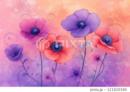 Pink and purple poppy flowers blooming in a field with swirls and flourishes 121820380