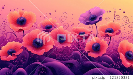 Colorful poppy flowers blooming in a fantasy garden 121820381