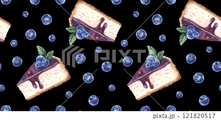 Watercolor seamless pattern sweet dessert. Hand drawn isolated on black background. For designers, menu, shop, bar, bistro, restaurant, for postcards. 121820517