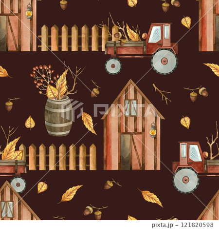 Farm with fence, tractor, plants, storage barrel. Seamless watercolor pattern painted with watercolor. Suitable for printing on fabric, paper and scrapbooking. High quality illustration 121820598