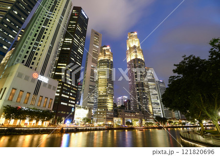 Panoramic view of the Financial District skyscrapers along the Singapore River. Panoramic view of the Financial District skyscrapers along the Singapore River. 121820696