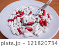 A huge number of diet pills in a plate, overdose of pills 121820734