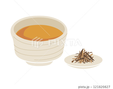 お茶の湯呑みと茶葉のイラスト_茶色 121820827