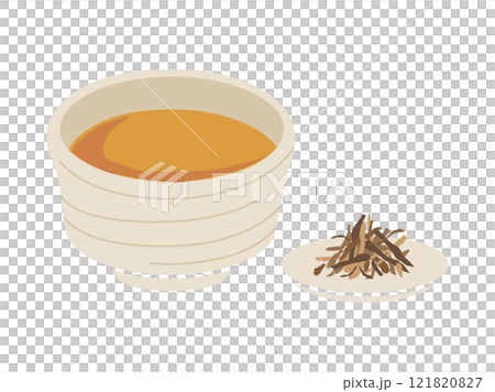 お茶の湯呑みと茶葉のイラスト_茶色 121820827