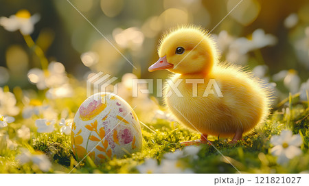 Adorable yellow duckling next to a decorated Easter egg in a sunlit spring meadow 121821027