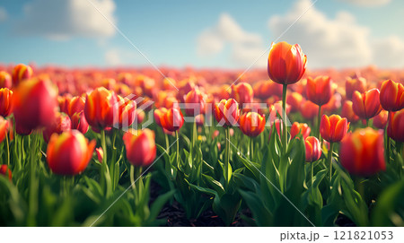 Vibrant field of red and orange tulips in full bloom under a bright blue sky with soft clouds 121821053