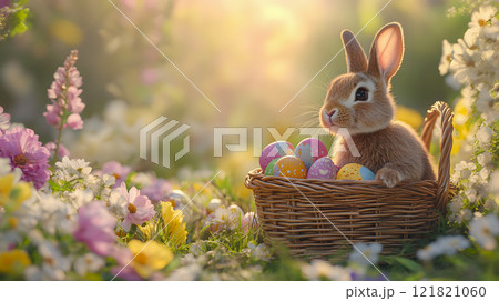 Cute Easter bunny sitting in a wicker basket...のイラスト素材 [121821060] - PIXTA