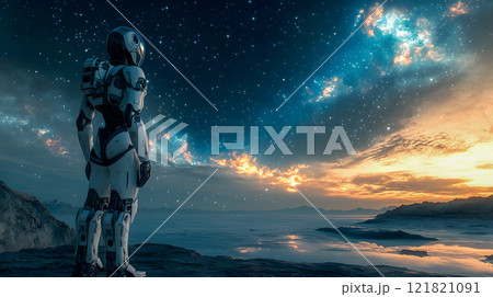 Futuristic robot standing by a tranquil alien lake under a starry sky at sunset 121821091