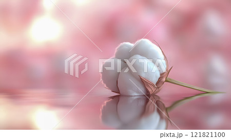 Single cotton boll with reflection on soft pink background, delicate and serene atmosphere Single cotton boll with reflection on soft pink background, delicate and serene atmosphere 121821100