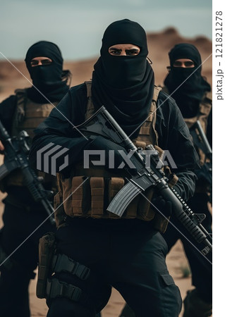 Vertical photo of a modern squad of Islamic warriors with weapons in a desert. Liberators warriors in national costumes of their country Vertical photo of a modern squad of Islamic warriors with weapons in a desert. Liberators warriors in national costumes of their country 121821278