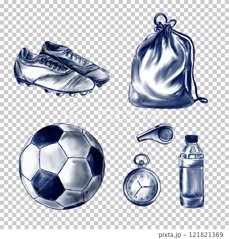 the main attributes of football and soccer. Cleats with spikes, ball for playing, sports bag, water for training, whistle for coach and timer for running. Watercolor illustration in monochrome style. the main attributes of football and soccer. Cleats with spikes, ball for playing, sports bag, water for training, whistle for coach and timer for running. Watercolor illustration in monochrome style. 121821369