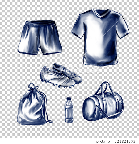 A set of sports football uniforms for the striker and captain of the soccer team. Watercolor illustration in monochrome retro style without background. Training set. Boots with spikes. A set of sports football uniforms for the striker and captain of the soccer team. Watercolor illustration in monochrome retro style without background. Training set. Boots with spikes. 121821373