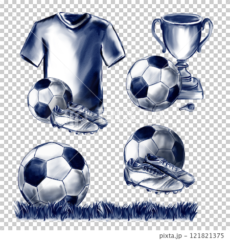 Football and soccer illustrations. Monochrome retro vintage style. Blue color for the game. Champions Cup and soccer ball on the field. Cleats with spikes and player uniform. Football and soccer illustrations. Monochrome retro vintage style. Blue color for the game. Champions Cup and soccer ball on the field. Cleats with spikes and player uniform. 121821375
