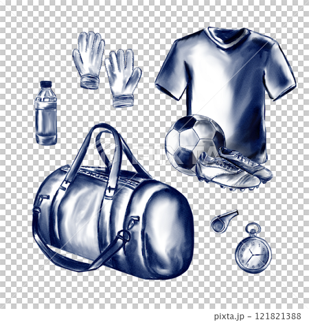Sports goods for football game. Watercolor illustration in blue monochrome style. No background. Soccer training, basic attributes and accessories. set of illustrations. Sports goods for football game. Watercolor illustration in blue monochrome style. No background. Soccer training, basic attributes and accessories. set of illustrations. 121821388