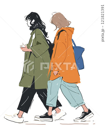 女の子2人で歩きながらおしゃべりしているイラストのイラスト素材