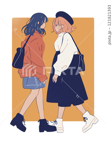 女の子2人でおしゃべりしているイラスト 121821393
