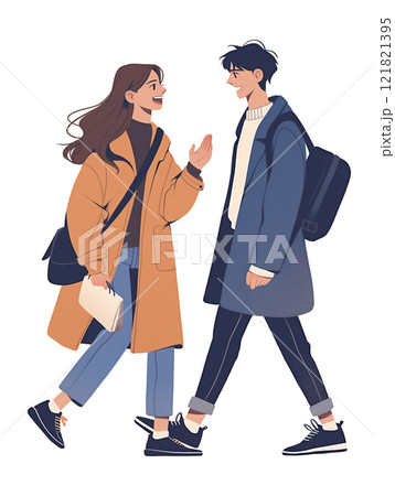 男女2人で歩きながらおしゃべりしているイラスト 121821395