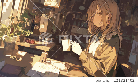 落ち着いた雰囲気のカフェでコーヒーを飲む女性のイラスト素材