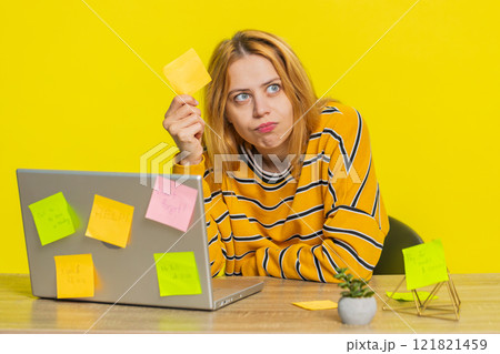 Nervous woman with pasted sticker notes use laptop having concentration problem big routine work Nervous woman with pasted sticker notes use laptop having concentration problem big routine work 121821459