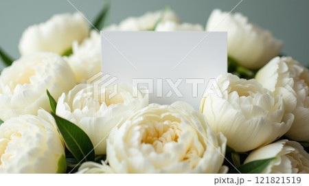 White peonies with blank greeting card and free space for text in the center of the frame 121821519