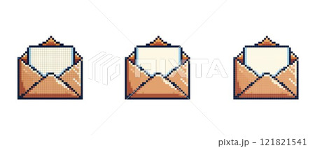 Pixel art of an open envelope with a letter inside in a retro video game style perfect for Valentine's Day or romantic messages Pixel art of an open envelope with a letter inside in a retro video game style perfect for Valentine's Day or romantic messages 121821541