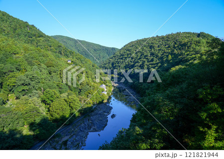 夏、緑深い保津峡と桂川 121821944