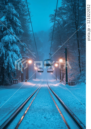 Snow covered ski slope illuminated by lights, with a ski lift 121822052