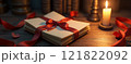 Elegant envelope with red ribbon, candlelight ambiance, ideal for banners and advertisements 121822092