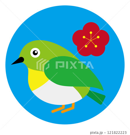 シンプルでフラットなメジロと梅の花のロゴデザイン　白背景 121822223