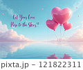 Heart-shaped balloons floating on water with clouds and text 121822311
