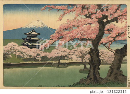 春の桜に彩られたお城の風景 121822313