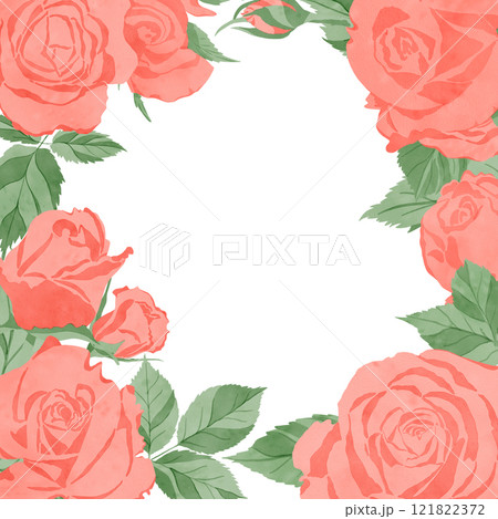 A frame with flowers, pink roses and green leaves isolated on a white background 121822372