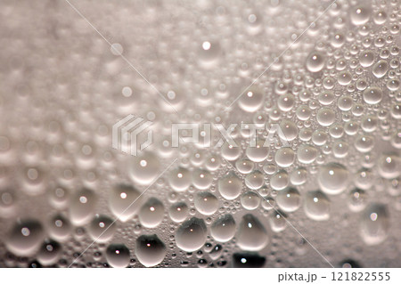 Close Up of Condensation Floating Liquid Water Bubbles and Drips on Glass from Rain 121822555