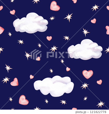 Seamless pattern with clouds, hearts and stars on a blue background. Watercolor illustration on the theme of St. Valentine's Day for decorating cafes, printing on postcards, fabric, packaging. 121822778