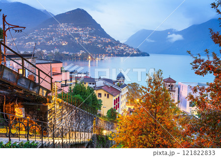 Lugano, Switzerland cityscape with Monte Bre on Lake Lugano 121822833