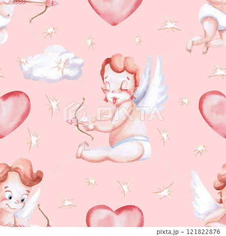 Seamless pattern with two angels,bow and arrow on a pink background. Watercolor illustration on the theme of St. Valentine's Day for printing on postcards, packaging, decorating children's rooms. Seamless pattern with two angels,bow and arrow on a pink background. Watercolor illustration on the theme of St. Valentine's Day for printing on postcards, packaging, decorating children's rooms. 121822876