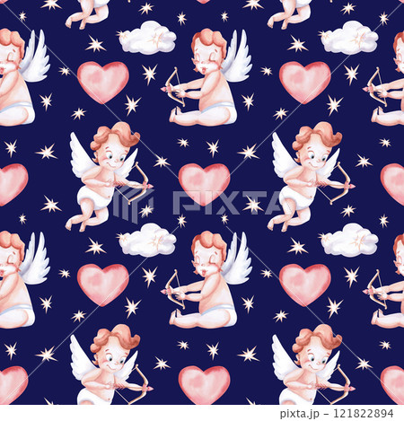 Seamless pattern with two angels with a bow and arrow on a blue background. Watercolor illustration on the theme of St. Valentine's Day for decorating a cafe, printing on postcards, fabric, packaging. 121822894