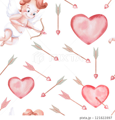 Seamless pattern with cupid with bow and arrow on white background. Watercolor illustration on the theme of St. Valentine's Day for cafe decoration, printing on postcards, fabric, packaging, Seamless pattern with cupid with bow and arrow on white background. Watercolor illustration on the theme of St. Valentine's Day for cafe decoration, printing on postcards, fabric, packaging, 121822897
